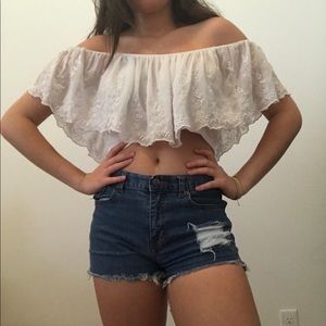 Off the shoulder embroidered top.